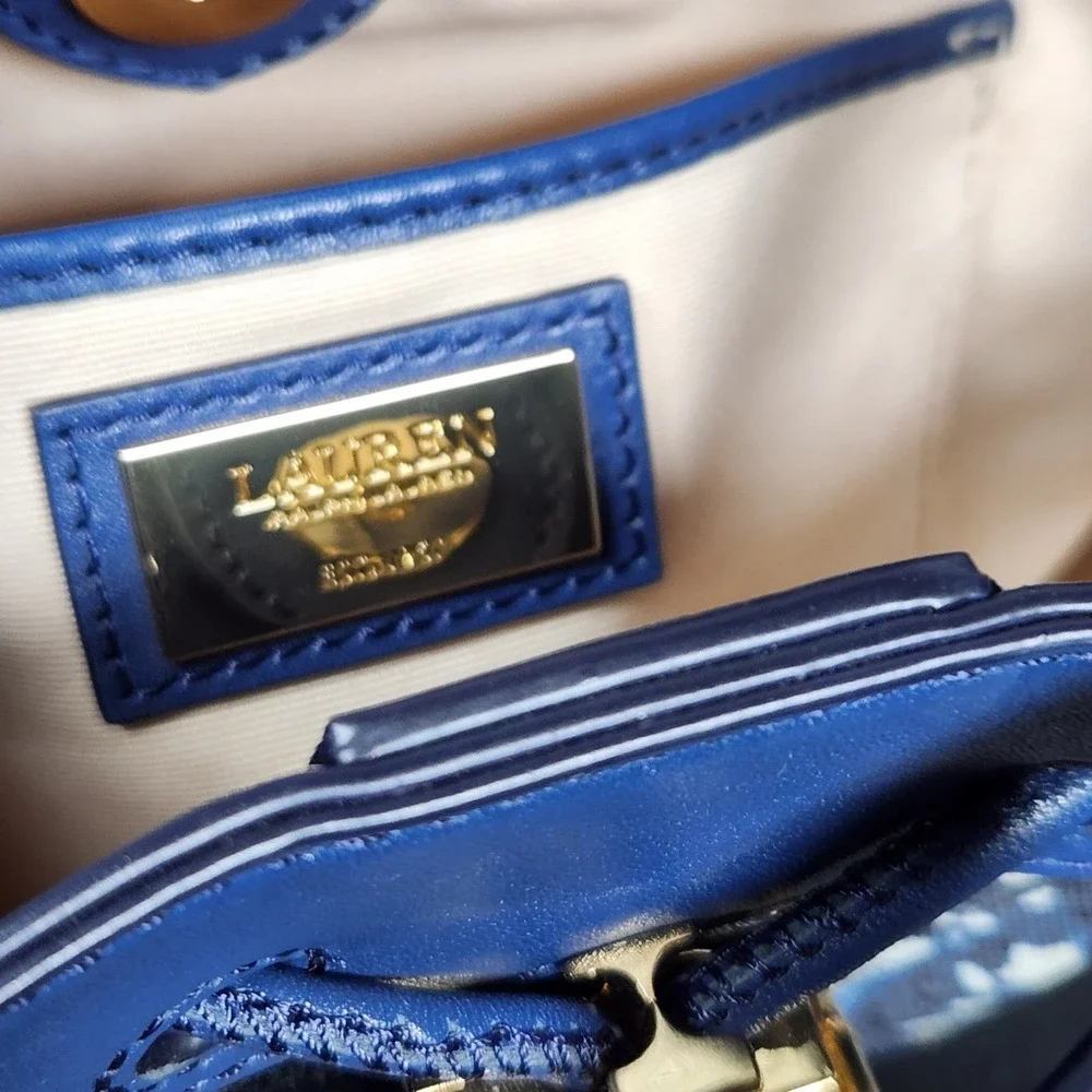 Lauren Ralph Lauren Denim Patchwork Andie Butterfly Bucket Bag Blue Gold NW $295